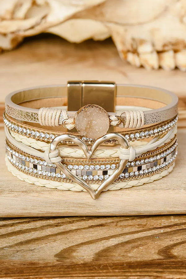 Heart Rhinestone Magnetic Buckle Bracelet - Beige