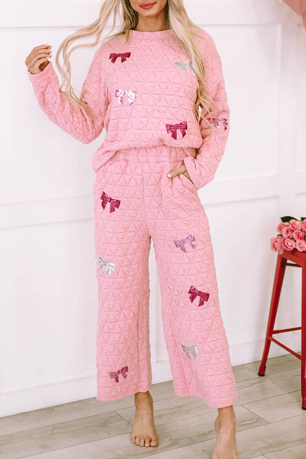 Pink Sequined Gift Bow Graphic Quilted Two-Piece Set