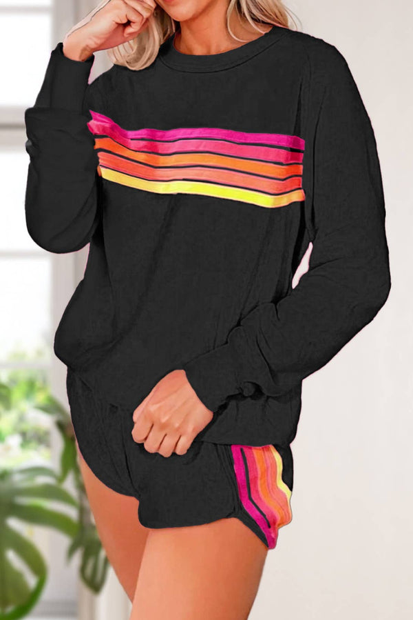 Colorful Striped Long Sleeve Top and Shorts Set | S-3XL