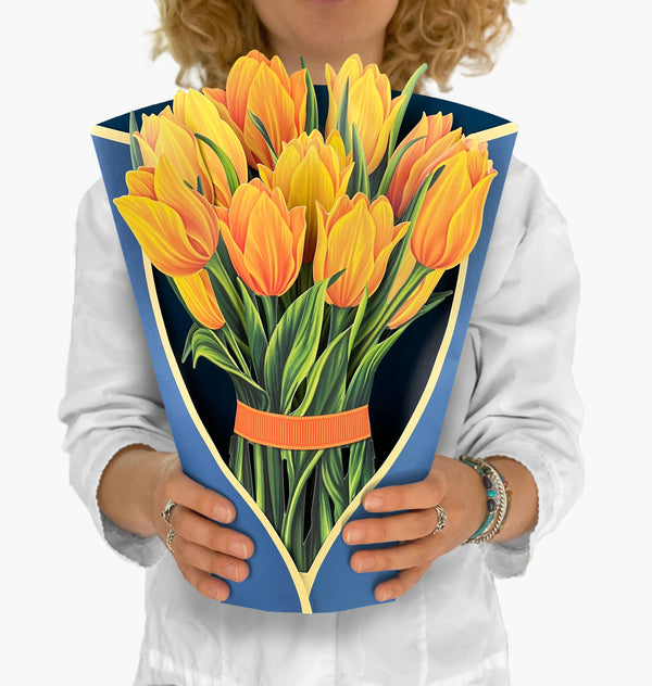 Yellow Tulips Pop-Up Bouquet – 8 Flowers with Envelope, Notecard &amp; Display