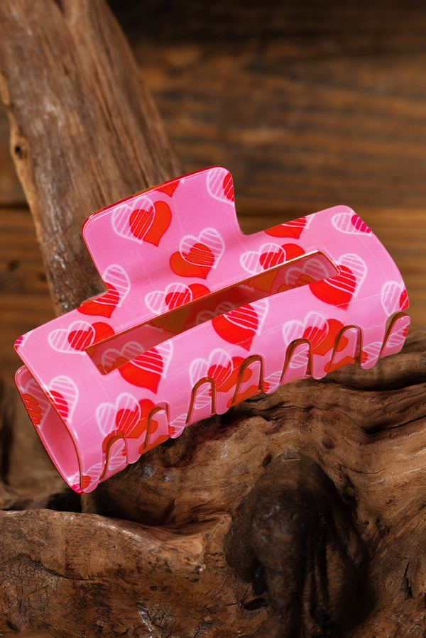 Pink Double Heart Printed Valentines - Hair Claw