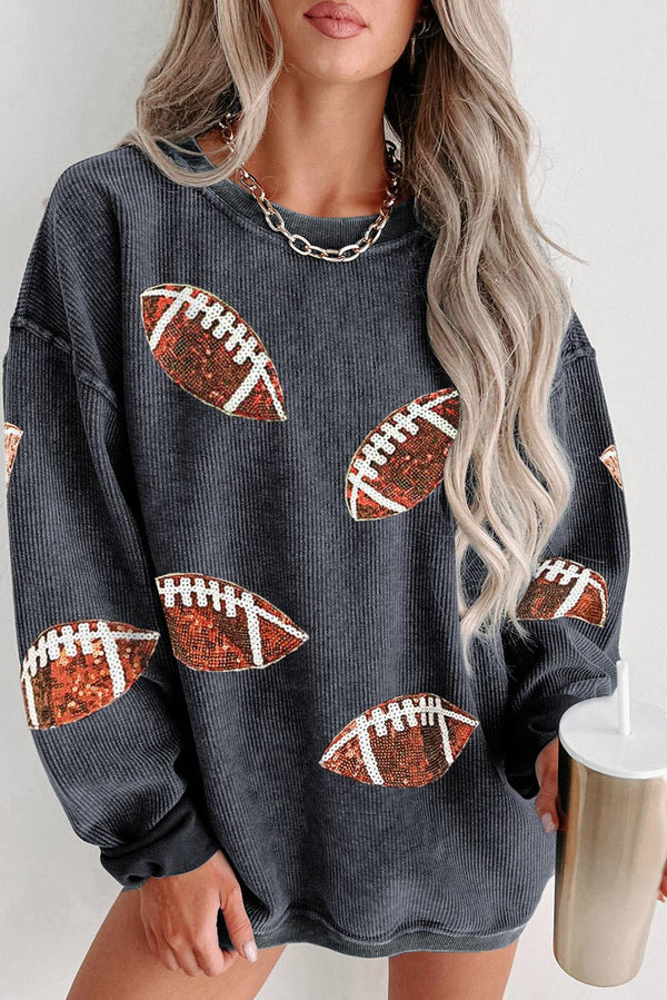 Sequin Football Graphic Corded Baggy Sweatshirt